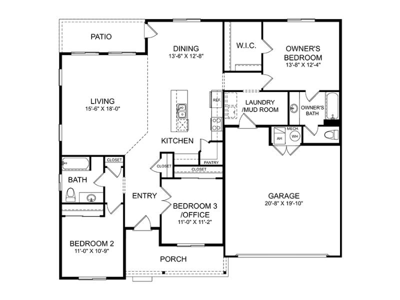 ain floor plan of the Newton model showing bedrooms, living areas, kitchen, and garage.